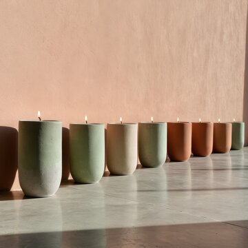 A atmospheric, rustic photograph featuring three smooth, yellow beeswax candles burning in clear glass votive jars on a textured, weathered wooden table. A distinct wisp of light grey smoke drifts ele