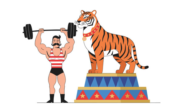 Circus strongman lifting a heavy barbell next to a majestic tiger standing on a decorative colorful pedestal.