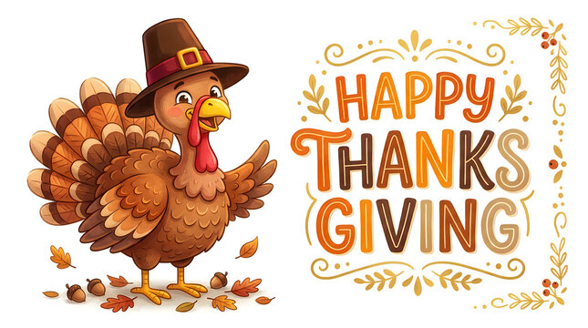 Happy cartoon turkey wearing a pilgrim hat celebrating thanksgiving with autumn leaves