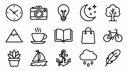 Collection of minimalist line art icons for various themes. © Joko