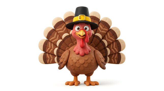 Cartoon turkey wearing a pilgrim hat standing cheerfully