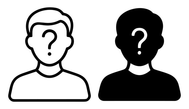 Black and white silhouette icons of a person with a question mark on their face representing unknown identity or mystery on transparent background
