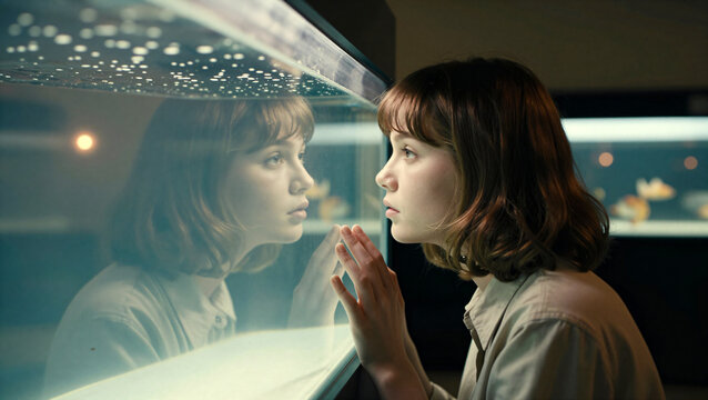 Young woman looking at reflection in large glass aquarium tank