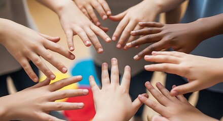 Fototapeta premium Diverse Children Hands Reaching Together in Classroom Circle