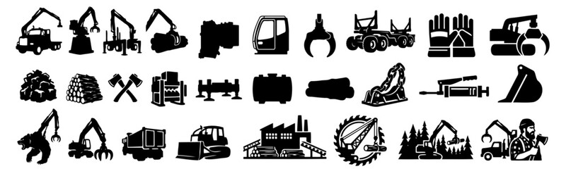 Forestry Logging Machinery Vector Silhouette Bundle - Heavy Timber Forwarder Icon Pack - Lumberjack Woodcutter Tools Template Collection © Green Graphics
