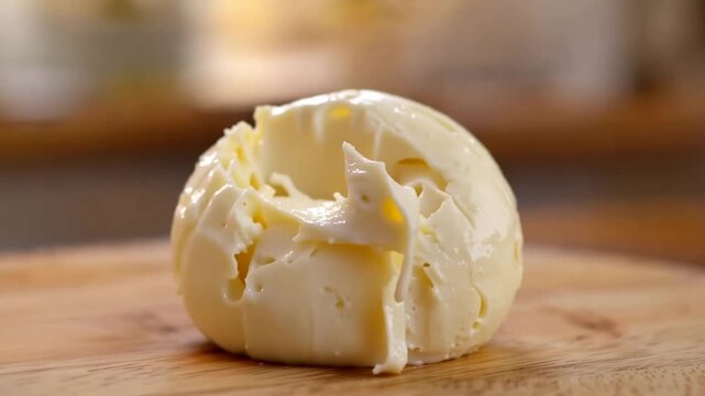 Melted cheese being pulled apart on a wooden cutting board