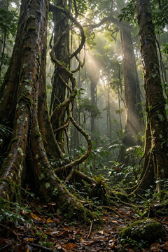 Dense Amazon jungle filled with giant vines, layered foliage and mysterious pathways beneath the forest canopy.