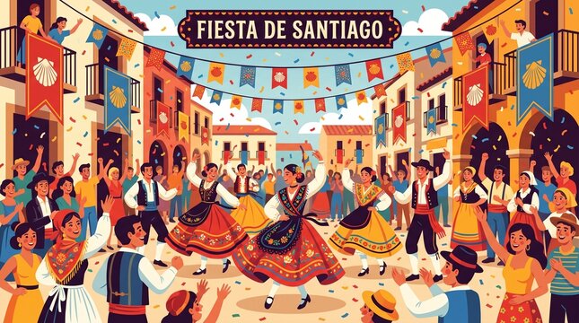 Colorful Spanish festival with dancers in traditional costumes. Vibrant Fiesta de Santiago celebration with cultural performances and crowds.