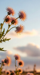 Obraz premium Close-up of pink thistle flowers at sunset, their spiky petals illuminated by golden light, symbolizing nature's resilience and ephemeral beauty in the wild