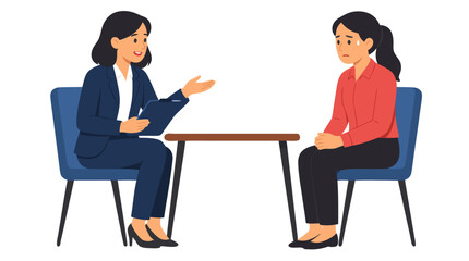 Obraz premium Bold Flat Color Vector Illustration of Female HR Professional Asking Interview Questions to a Nervous Female Job Candidate Across a Small Table, Modern Corporate Recruitment Scene for HR, Career and