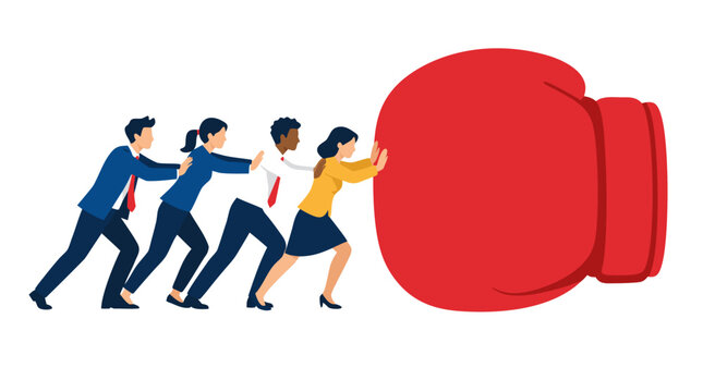 Diverse Group of Business Professionals Working Together to Push Back Giant Red Boxing Glove, Representing Teamwork, Unity and Corporate Collaboration to Overcome Challenges, Vector Illustration