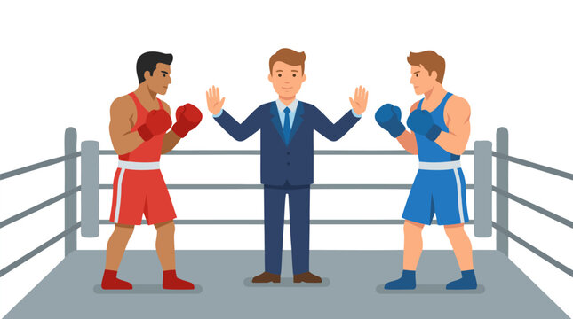 Professional Boxing Referee in Business Suit Stopping Match Between Red and Blue Boxers, Conflict Resolution, Sports Mediation, Corporate Businessman Halting Competition Between Rivals