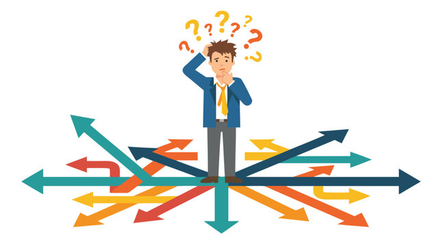 Confused Businessman Standing at Crossroads with Multiple Direction Arrows, Decision Making Concept, Strategic Planning, Career Choice, Business Strategy, Uncertainty and Options, Businessman Thinking