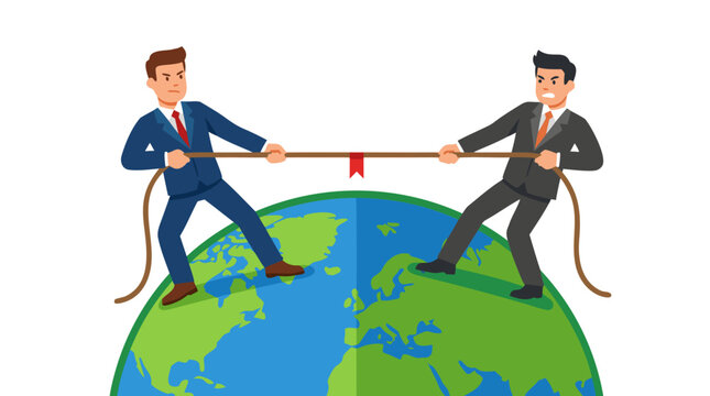 Two Rival Businessmen in Blue and Grey Suits Pulling Rope in Tug of War on Globe Earth, Representing Global Corporate Competition, International Business Rivalry and Market Struggle