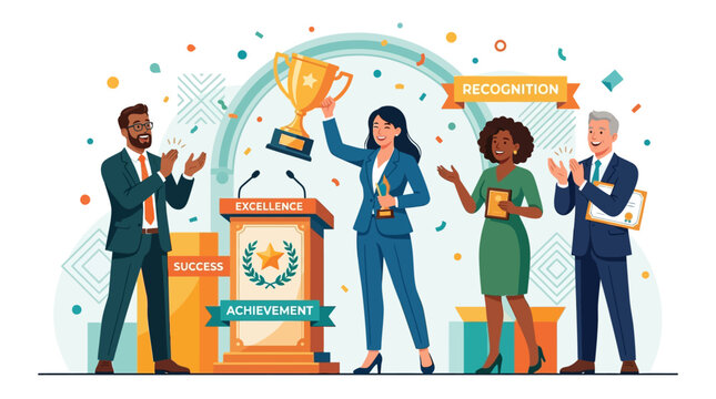 Diverse Team Celebrates Success with Trophy and Recognition Banner