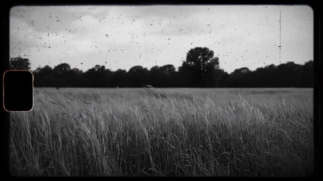A vintage film look captures a field of tall grass swaying gently. Silhouetted trees form a dark line against the overcast sky.