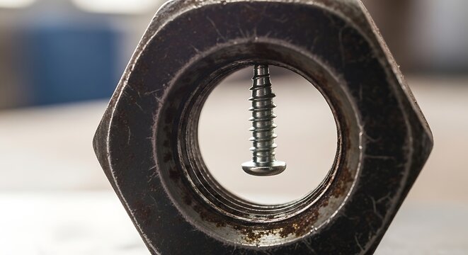 Metal Screw Suspended Inside Large Rusty Hex Nut in Close Up Workshop Setting