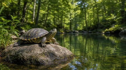 Obraz premium A freshwater turtle rests on a sunlit rock beside a clear forest stream, ideal for wildlife conservation, freshwater habitat, and outdoor education promotions.