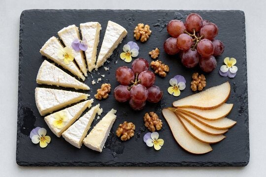 An elegant platter featuring sliced brie cheese fanned alongside clusters