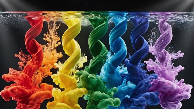 Colorful ink clouds swirling underwater forming vibrant rainbow patterns against dark black background.