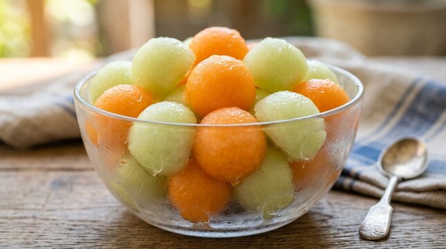 Chilled cantaloupe and honeydew melon balls fill a glass bowl on a rustic table, ideal for refreshing summer dessert promotions.