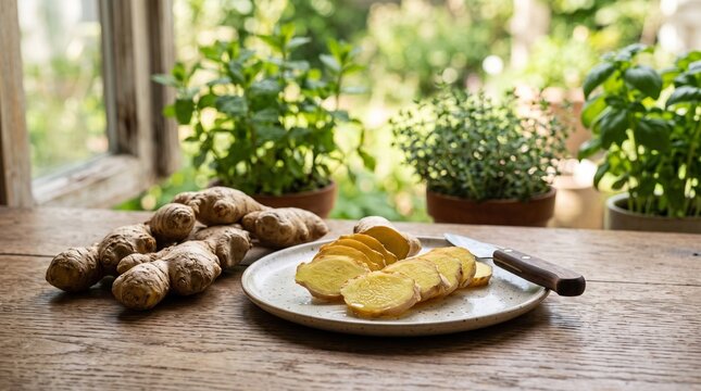 Fresh organic ginger roots with sliced ginger revealing golden interior, placed on a natural oak wooden table, elegant blurred kitchen garden background, soft natural daylight