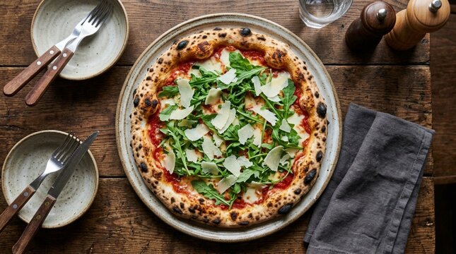 Overhead rustic table setting with a wood fired pizza topped with arugula and parmesan, ideal for restaurant menus, food blogs, and dining promotions.