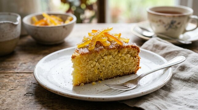 A slice of golden citrus cake topped with candied orange peel rests on a ceramic plate beside tea and a fork, perfect for cafe menus or cozy bakery advertising.