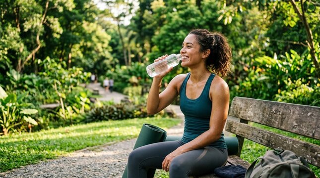 Smiling athletic woman drinks water on a park bench with a yoga mat in lush greenery, useful for wellness, fitness, hydration, and healthy lifestyle campaigns.