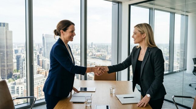 Two professional women shake hands across a conference table in a high-rise office, suitable for business partnership, hiring, and corporate success campaigns.