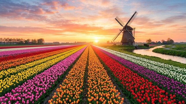 Colorful tulip fields stretch toward a traditional windmill beside a canal at sunset, ideal for spring tourism and floral landscape promotions.
