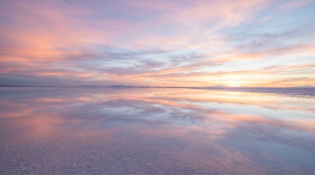 Pastel sunset reflects across a vast calm salt flat with distant mountains on the horizon, ideal for travel, wellness, or nature campaign backgrounds.