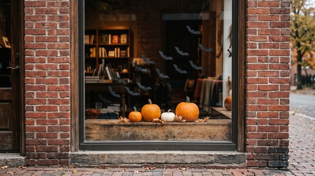 Halloween pumpkins and bat decorations displayed in a shop window with brick facade