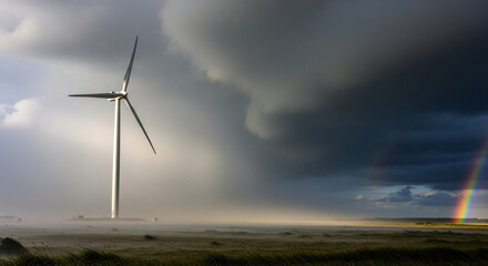 Obraz premium Wind turbine under stormy sky with rainbow, renewable energy and nature's power.
