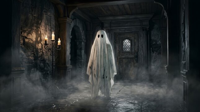 Spooky ghost for happy halloween eerie haunted house scene with fog and candles