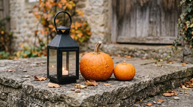 Autumn scene with a lit lantern and pumpkins on stone steps with fallen leaves