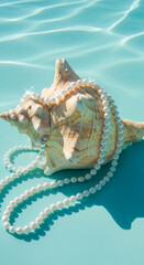 Obraz premium Seashell adorned with a pearl necklace sits in clear blue water with light reflections, symbolizing luxury, ocean treasures, and elegance