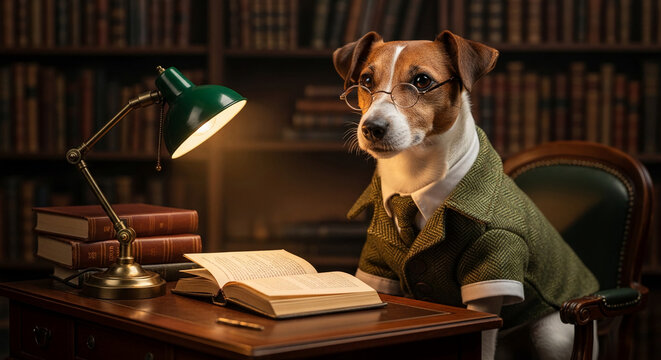 A dog in a tweed jacket and glasses sits at a desk, reading a book under a desk lamp, symbolizing education and scholarly pursuits