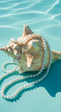 Seashell adorned with a pearl necklace sits in clear blue water with light reflections, symbolizing luxury, ocean treasures, and elegance