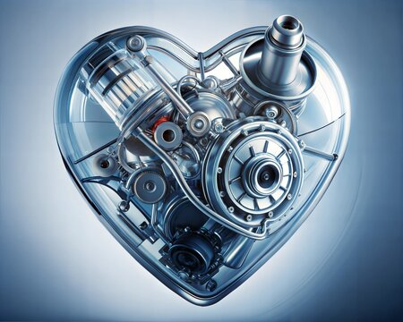 Mechanical Heart Engine with Transparent Casing and Intricate Gearwork on a Gradient Background