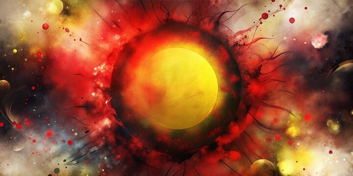 An intense cosmic artwork featuring a radiant golden planet surrounded by an energetic explosion of red, yellow, and black hues with scattered spheres
