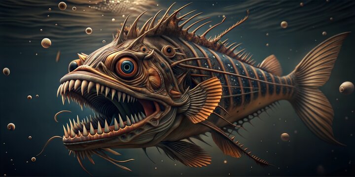 Monstrous abyssal fish featuring intricate textures and eerie details in a deep ocean setting