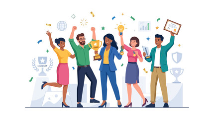 Fototapeta premium Diverse team celebrates success with trophies and confetti, stock illustration