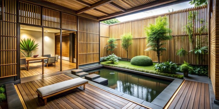 Modern Japanese Courtyard with Stepping Stones over a Pond, Wooden Deck, and Slatted Privacy Walls
