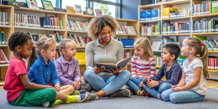 Warm and engaging Black female teacher reading enthusiastically to a diverse circle of young students in a colorful school library