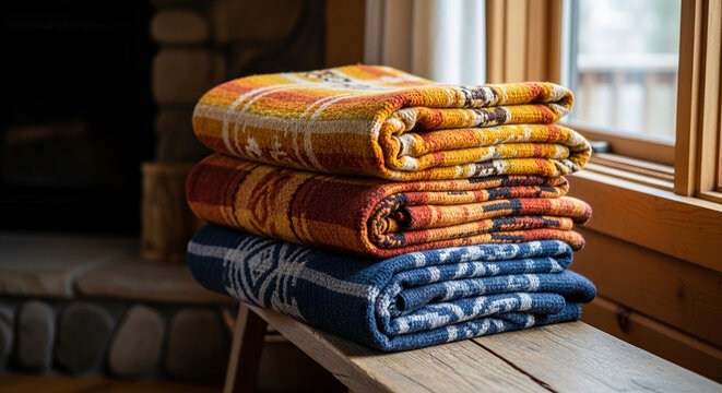Stack of folded textile throws with geometric patterns in warm colors, symbolizing comfort, home, and rustic warmth, perfect for cozy home decor concepts