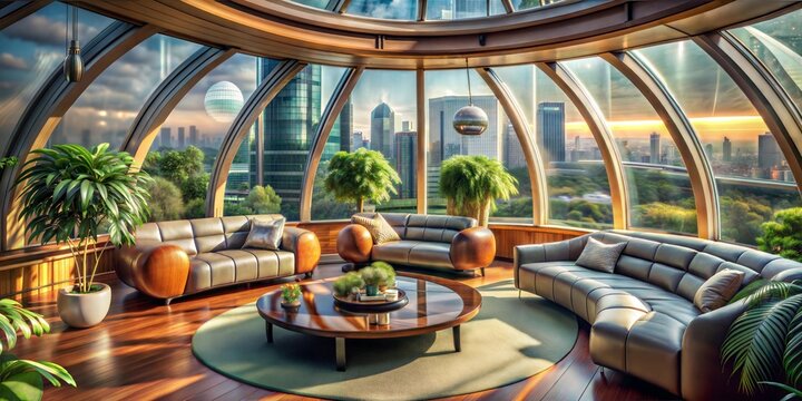 Luxurious Curved Sofa Lounge with City Skyline Views and Warm Wooden Accents