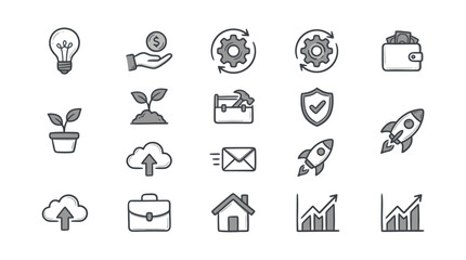 Fototapeta premium Minimalist Black and White Line Icons Set Featuring Business Finance Growth and Technology Concepts