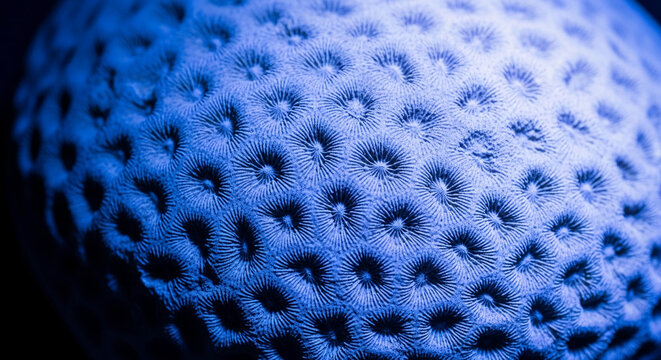 Close-up of blue coral texture with intricate radial patterns, representing ocean life and marine ecosystems, symbolizing natural beauty and diversity