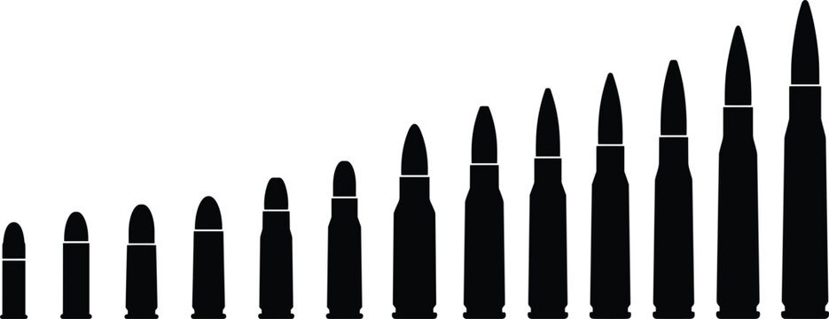 Bullet caliber size comparison silhouette vector illustration featuring various types of rifle and handgun ammunition chart isolated on white background..eps